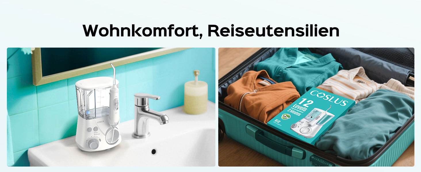 COSLUS Електрична іригатор для порожнини рота з 2 режимами та 12 рівнями тиску – 600 мл резервуар для води. Підходить для сімей, ентузіастів орального здоров'я та пацієнтів з ортодонтичними конструкціями. 5 насадок, чорно-білий колір.