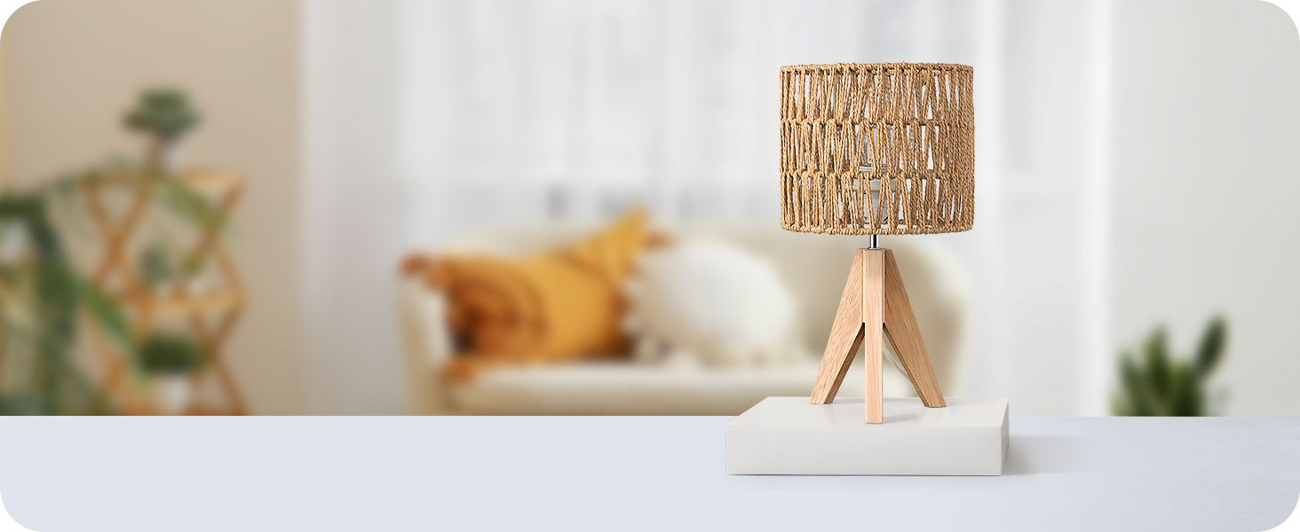 LED настільна лампа EDISHINE з абажуром з ручної роботи та дерев'яною підставкою, тепле світло 2700K, бохо-стиль для спальні, вітальні та готелю, з лампочкою E27 4W, паперовий шнур