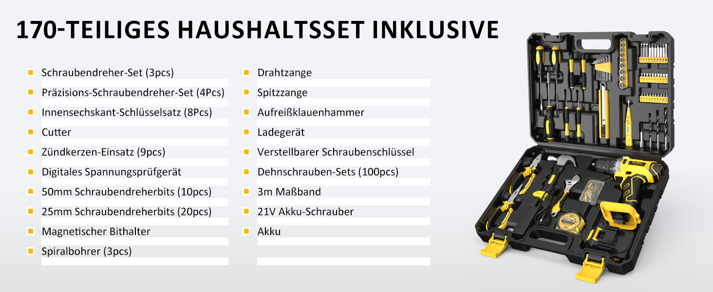 Набір інструментів Sundpey 170 предметів з акумуляторним дрилем-шуруповертом 21V, 2.0Ah, жовтий кейс для дому та ремонту