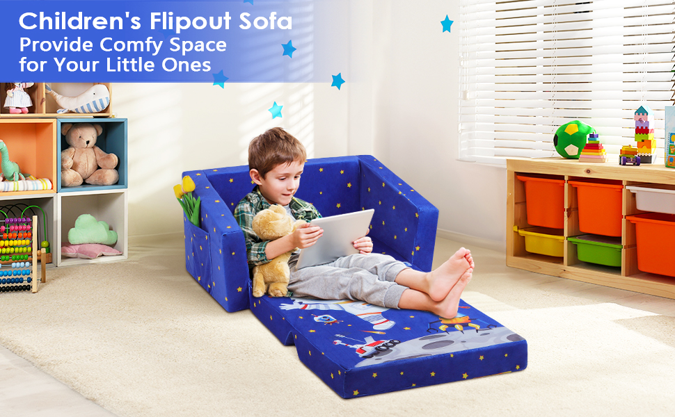 Дитяче крісло-диван 2 в 1 з тканиною, що складається, та неслизьким подушкою, для спальні, вітальні, ігрової кімнати (Астронавт)
