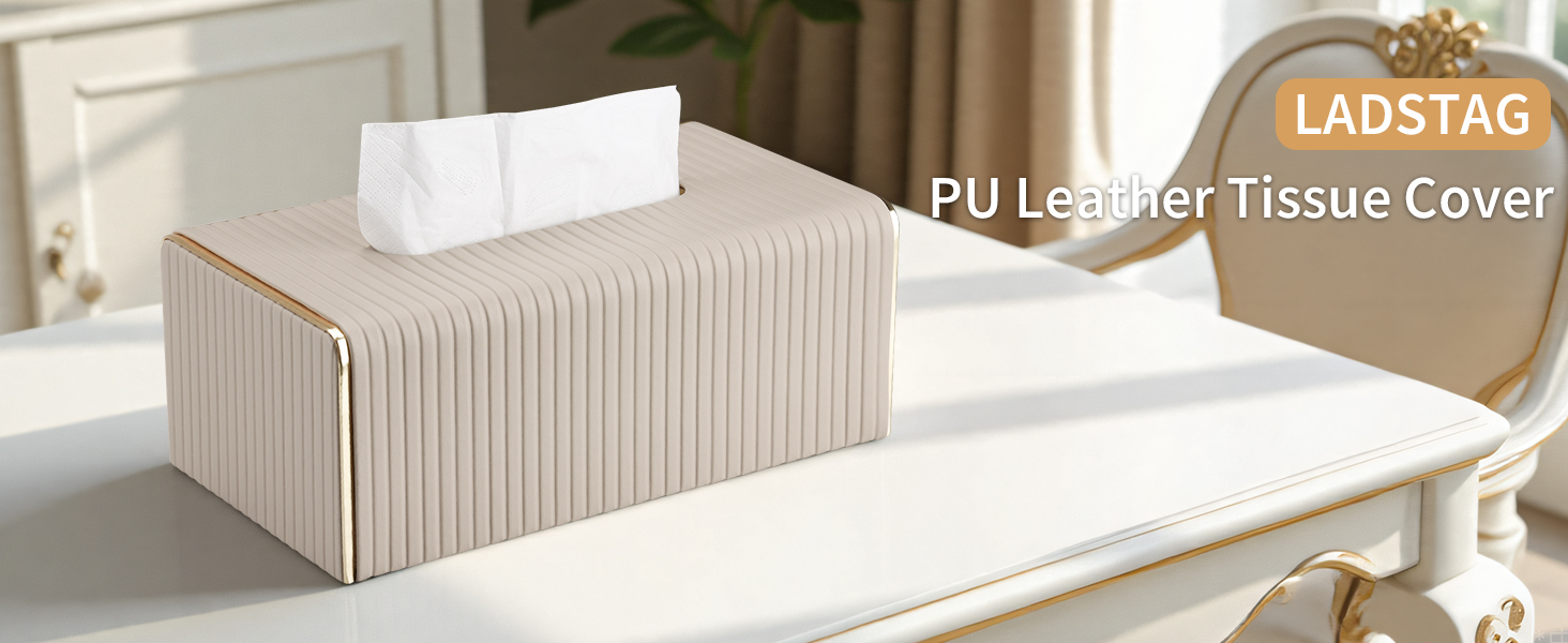 Коробка для серветок LADSTAG з екошкіри PU, прямокутний тримач та диспенсер для паперових рушників, бежева в смужку