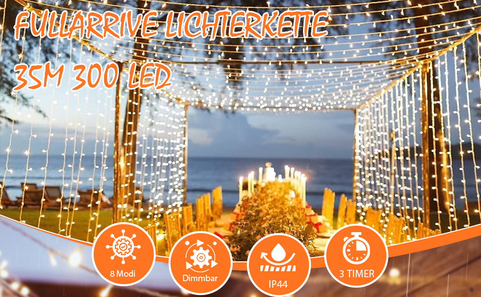 Світлодіодна гірлянда для вулиці та дому 35м 300 LED, теплий білий колір, 8 режимів, пульт керування та таймер, водонепроникна IP44, різдвяна ілюмінація для балкона та саду