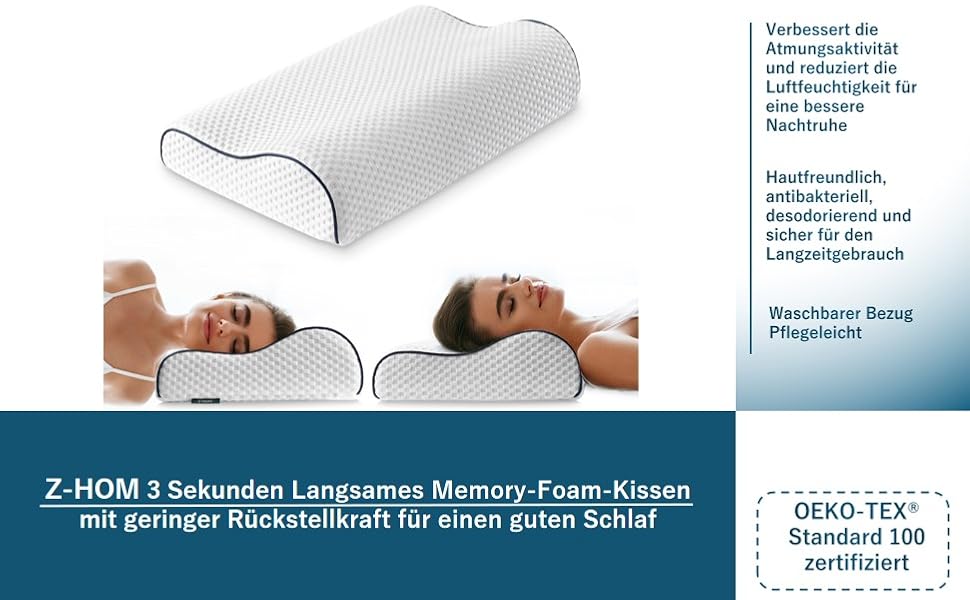 Подушка для підтримки шиї Z-hom, піна з ефектом пам'яті, ергономічна, подушка проти хропіння, знімний чохол (49x36x7/10 см)