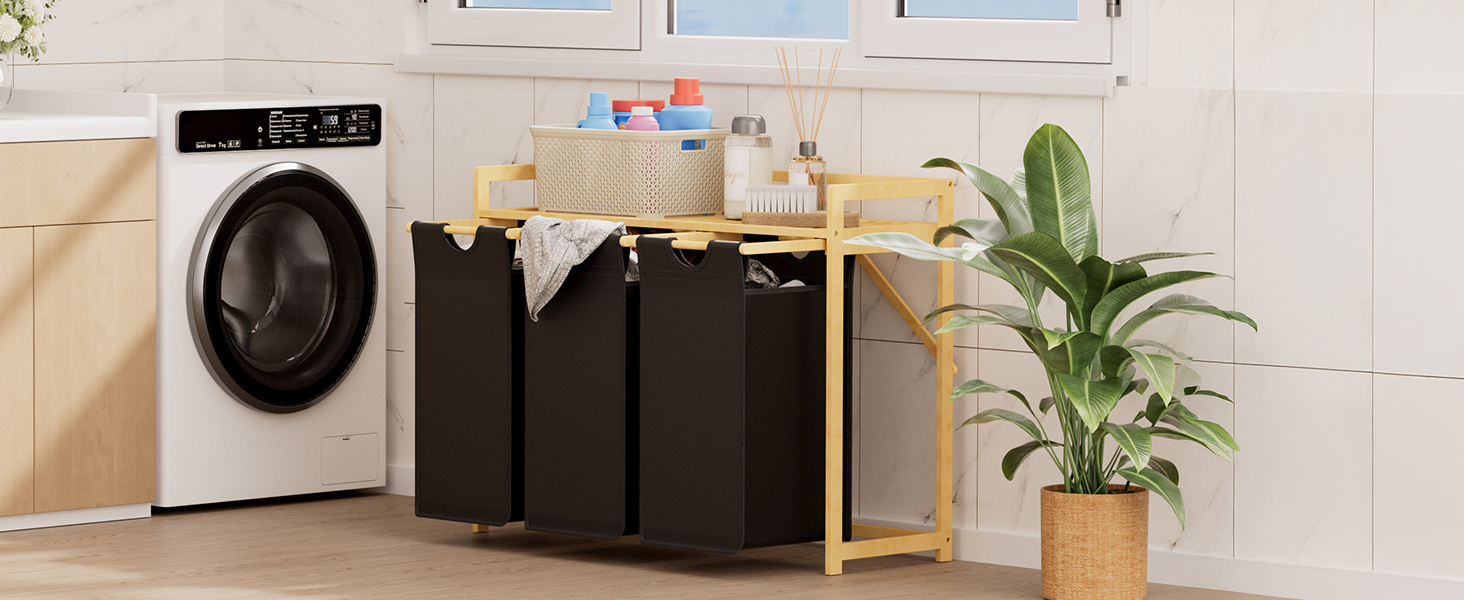 Кошик для білизни Lifewit з бамбуковим каркасом, 150л, 3 відділення, білий/чорний