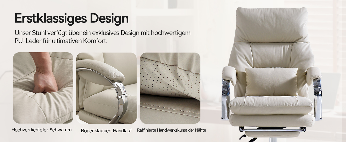 Офісний крісло EMIAH з підставкою для ніг, комфортний крісло для роботи з підлокітниками, ергономічний крісло для начальника з PU шкіри та роликами, ігровий комп'ютерний стілець з потовщеним сидінням, без функції масажу (Бежевий)