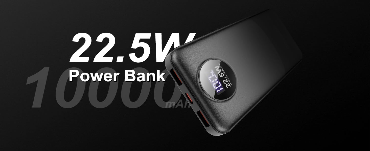 Порти, LED дисплей, для iOS/Android (чорний), 10000mAh, 22.5W PD QC 3.0, USB C, 3