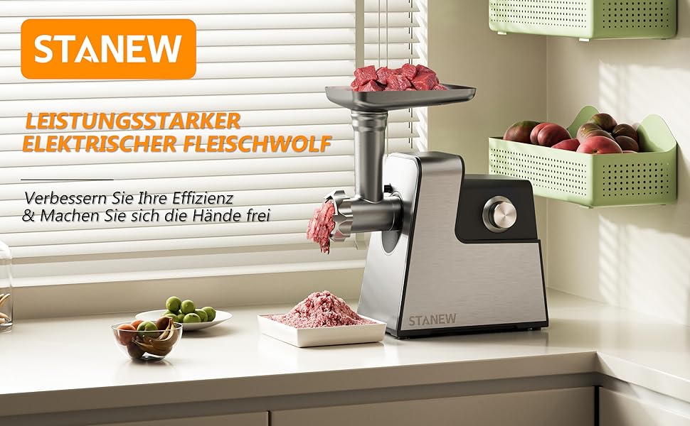 Електричний м'ясорубка STANEW Fleischwolf 3 в 1: м'ясорубка, машина для куббе та ковбас, нержавіюча сталь, 3,5 кг/хв, 3500 Вт