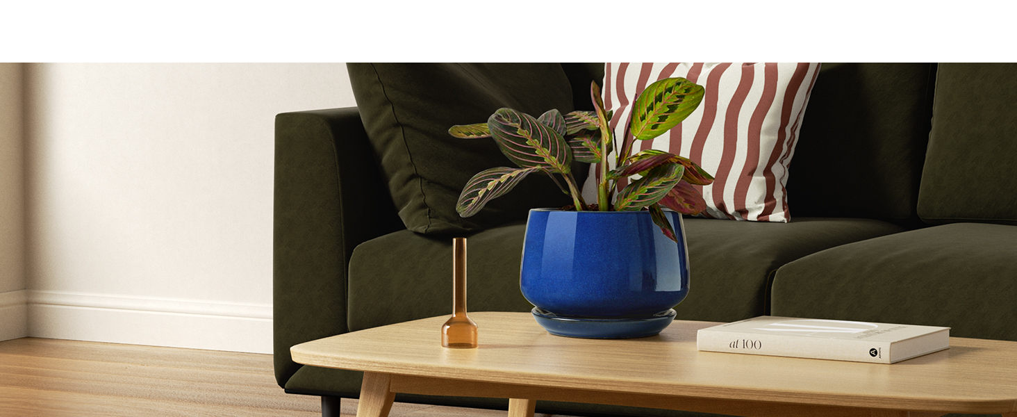 Керамічні горщики LE TAUCI з підставкою, 10+13+16 см, набір з 3 горщиків для кімнатних рослин, з дренажним отвором, колір Сафіровий Блакитний