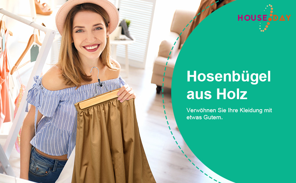 Дерев'яні вішалки для штанів та одягу House Day: 25 вішалок для спідниць, 11 для штанів, білі, з кліпсами, 360° обертання, 35,5 см (натуральне дерево)