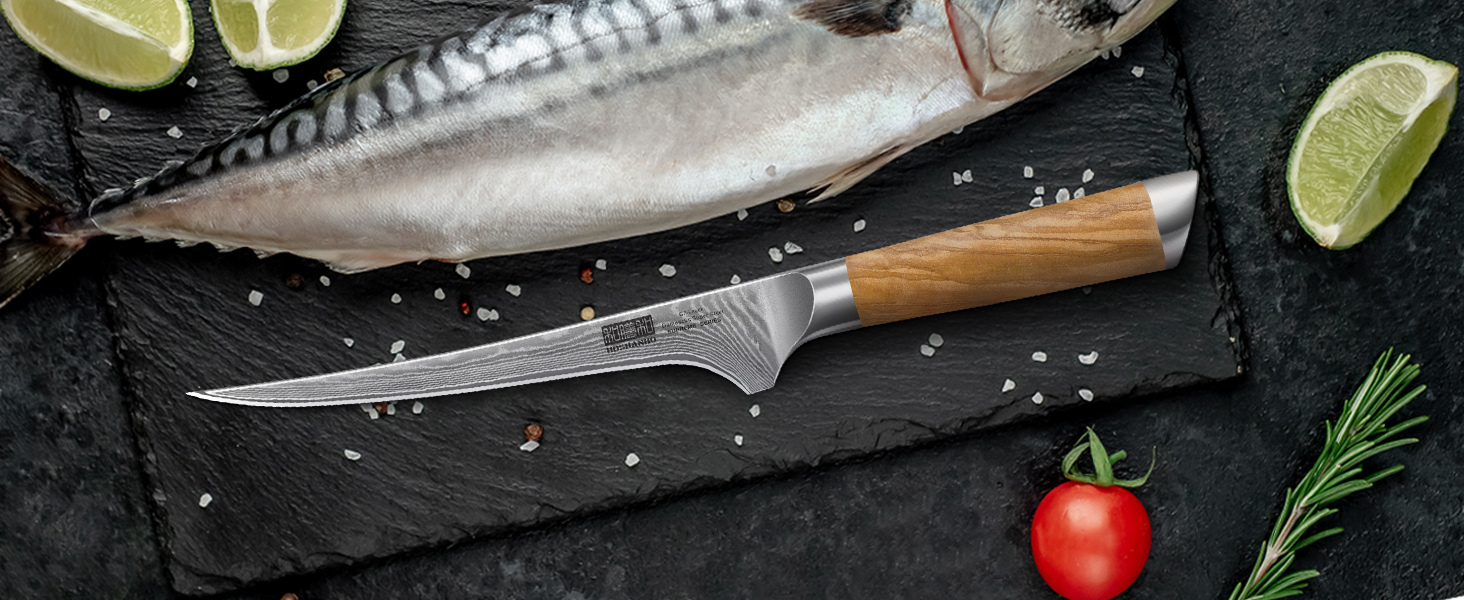 Японський ніж HOSHANHO з дамаської сталі 20 см (67 шарів), кухонний ніж для приготування їжі, гострий, з ергономічною ручкою оливкового кольору (18 см для філе)