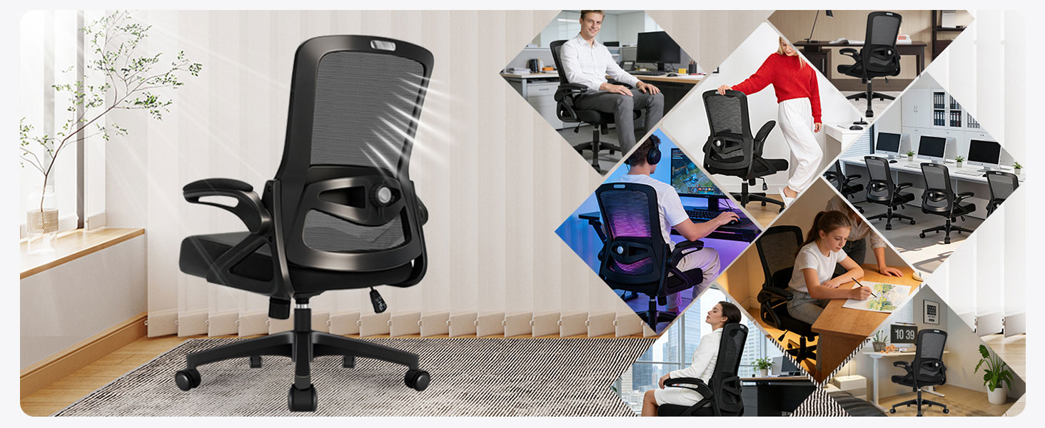 Ергономічне крісло для офісу, комп'ютерне крісло з регульованою 4D поперековою підтримкою, поворотне крісло з відкидними підлокітниками, крісло з функцією нахилу 90°-125°, сітчасте крісло до 130 кг, чорне