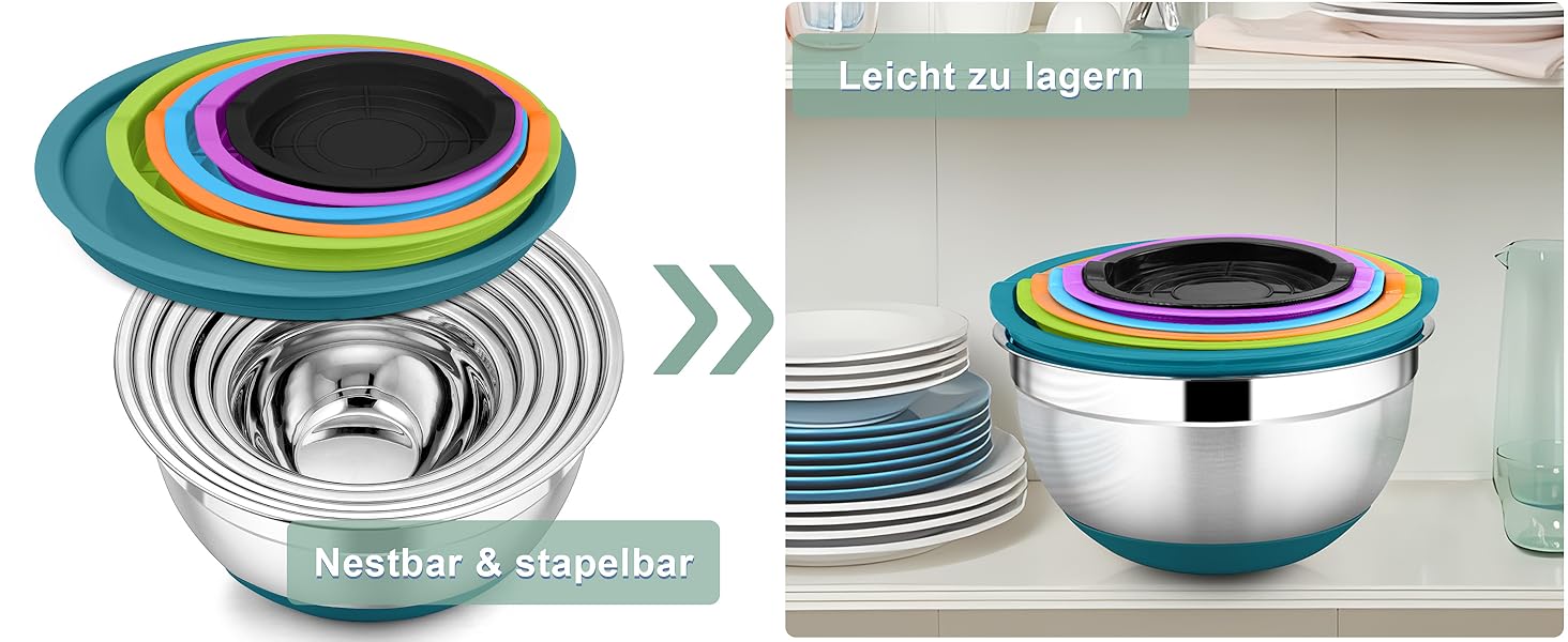 Набір мисок HaWare 6 шт. з нержавіючої сталі, 6 мисок + 6 кришок + 3 тертки, об'єм 4.6/2.8/2.5/1.6/1.2/0.7л, з антиковзним силіконовим дном, для миття в посудомийній машині