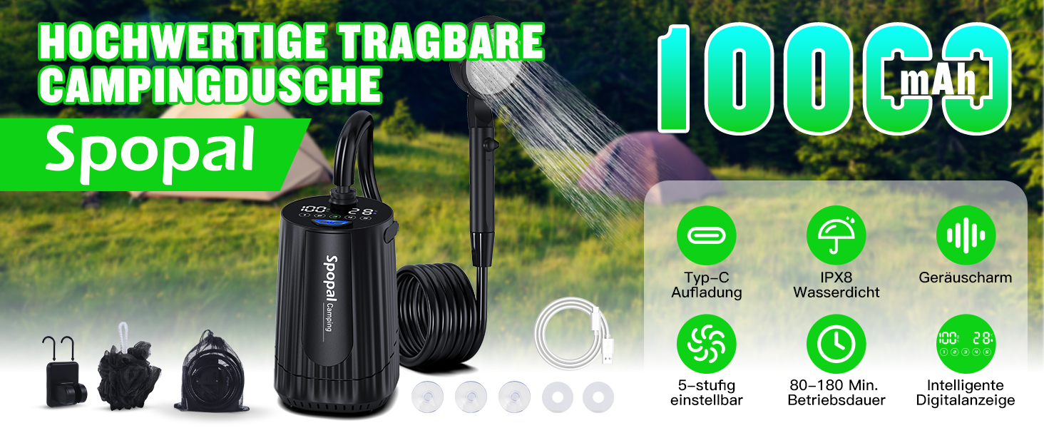 Портативна душова кабіна для кемпінгу з акумулятором 10000mAh, 20L відро, набір для душу на 2м шлангу, душ для саду, пляжу, миття авто
