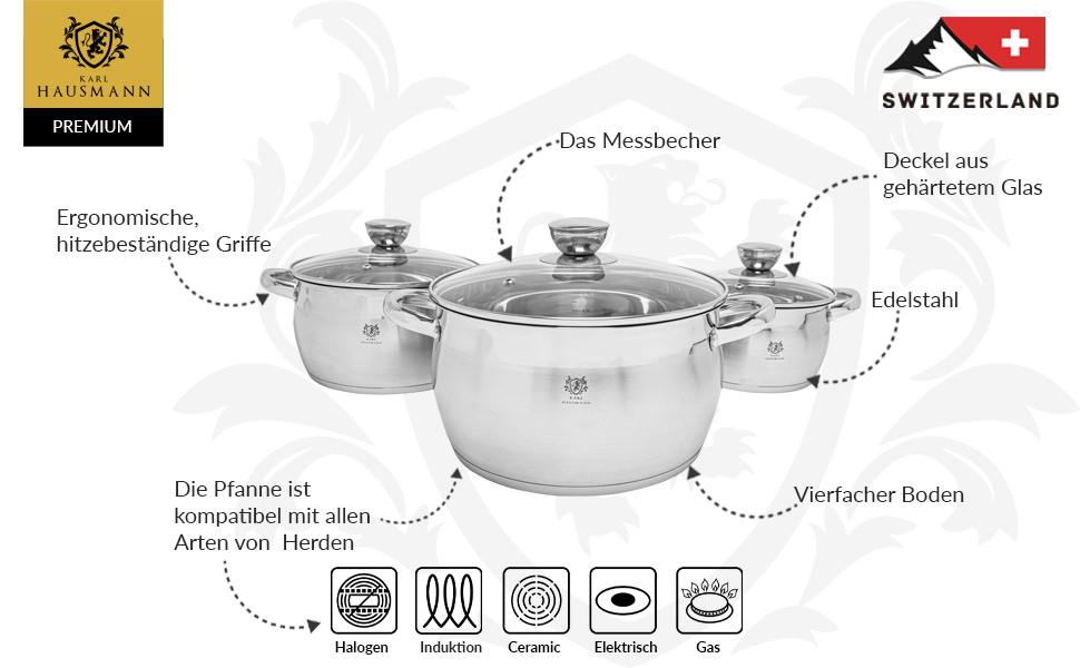 Набір каструль Karl Hausmann 3 шт. з нержавіючої сталі для індукційних та інших плит з кришкою з термостійкого скла та мірною шкалою