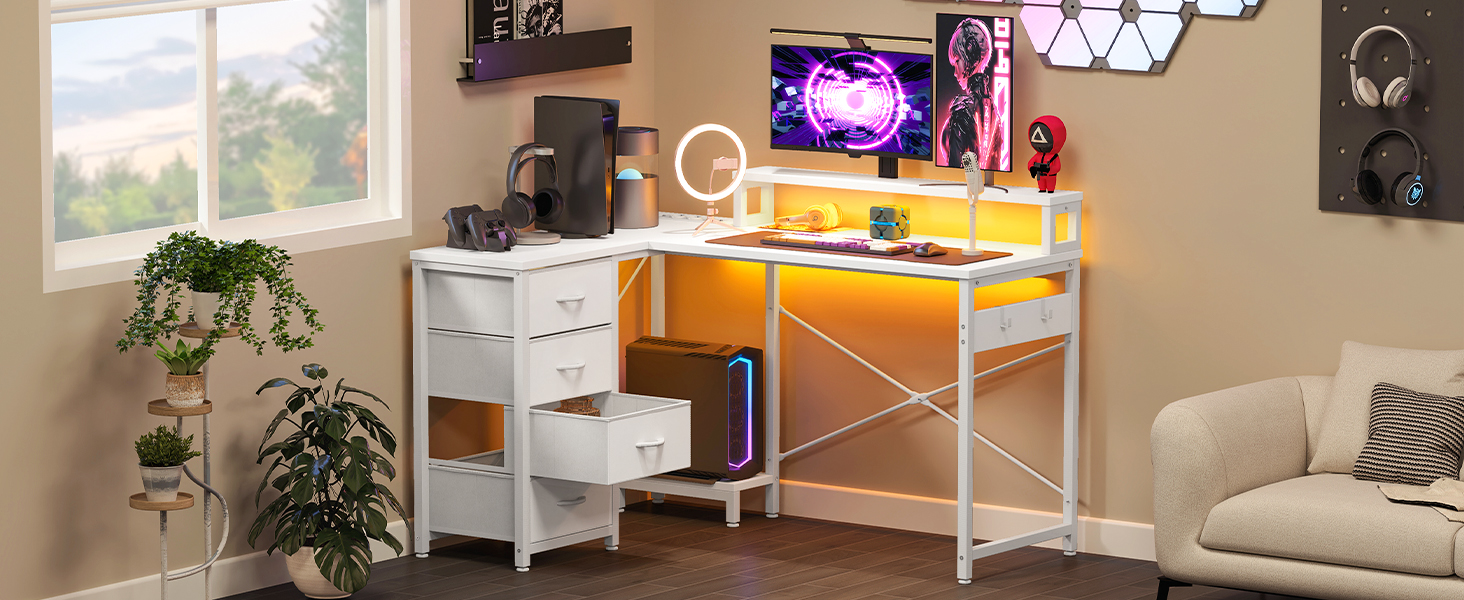 Кутовий стіл YITAHOME з LED-підсвічуванням, 4 шухлядами, 2 розетками та USB-портами, 130x100 см (білий)