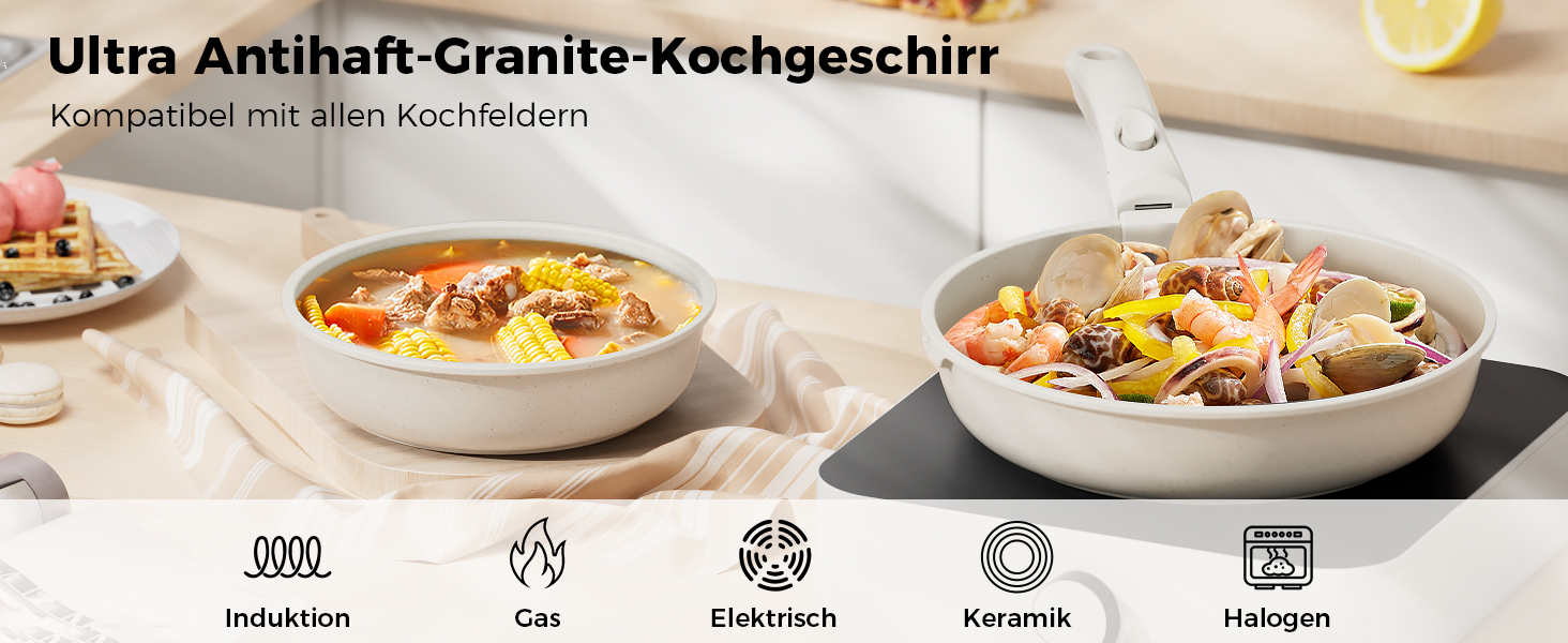 Набір посуду YASHE 20 предметів: каструлі та сковорідки з знімними ручками, антипригарне покриття, індукційний, до 230°C, для миття в посудомийній машині, сірий та білий