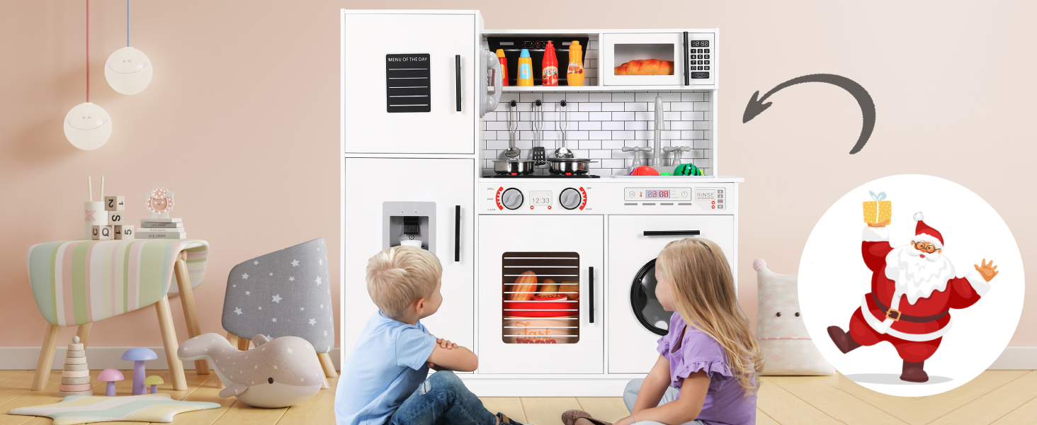 Дерев'яна дитяча кухня MAMIZO з підсвіткою та звуком, 82x80x25 см. Комплект іграшок для дітей від 3 років, біла