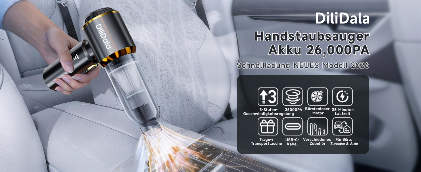 Акумуляторний ручний автомобільний пилосос 26000Па з безщітковим двигуном, 3 режими потужності, швидка зарядка, для авто, шерсті тварин та диванів, сірий