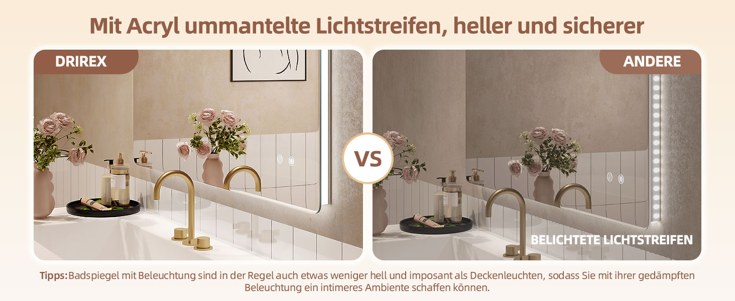 Дзеркало для ванної кімнати з LED підсвічуванням Dripex, сенсорне керування, регулювання яскравості, 3 кольори світла, антизапар, 80x80 см