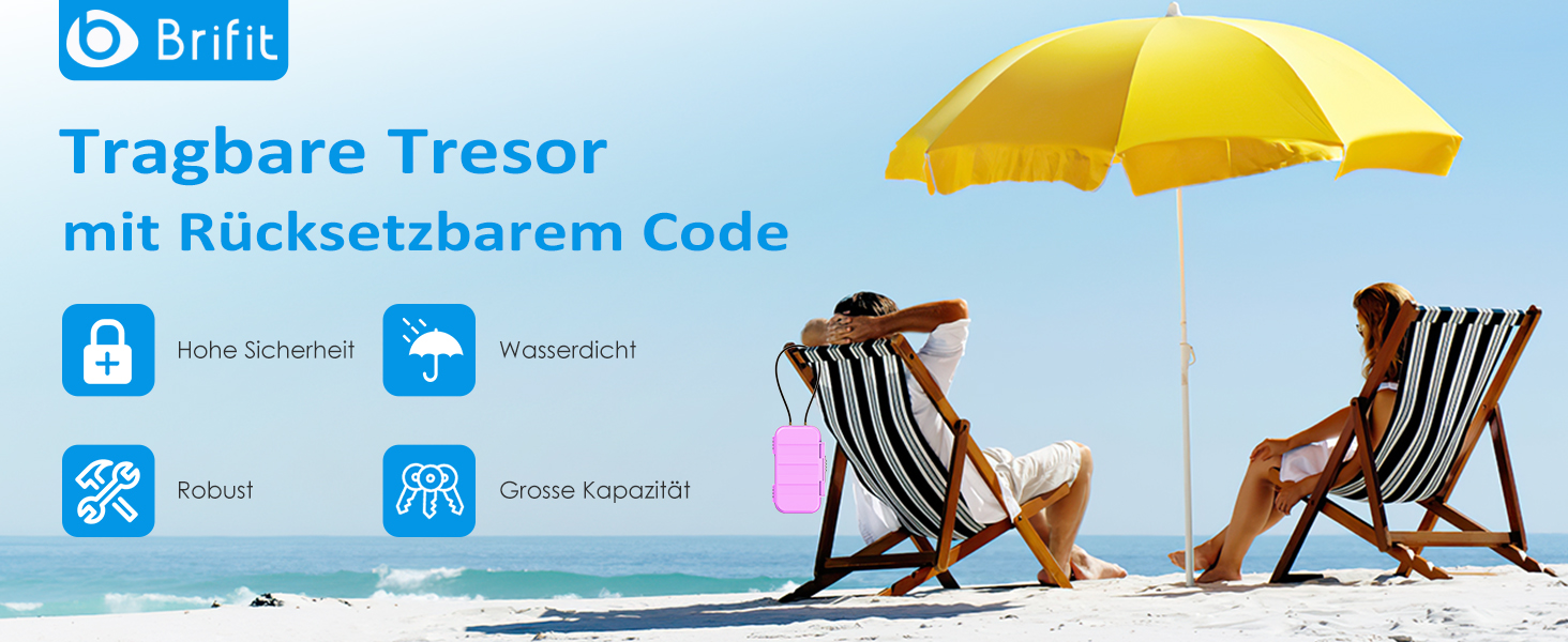 Сейф для зберігання Brifit, Strandsafe з кодовим замком, водонепроникний бокс з 6.3 мм сталевим тросом, для подорожей, пляжу, авто, дому та офісу (23,5x13,5x5,8 см), глянцевий чорний (23.5 x 13.5 x 5.8 см, рожевий)