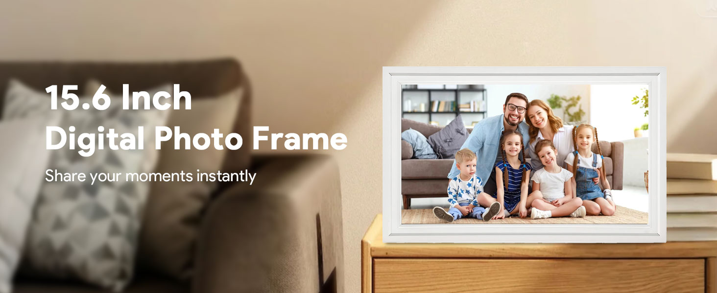 Цифрова фоторамка Frameo 15.6 дюймів з Wi-Fi, 32ГБ пам'яті, HD IPS сенсорний екран 1920x1080, автоматичний поворот та підтримка додатка Frameo