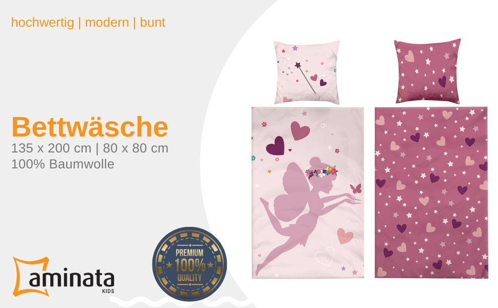 Постільна білизна Aminata Kids 135x200 для дівчаток бавовняна фея двосторонній комплект постільної білизни принцеса серце рожевий - феї ельф єдиноріг рожевий