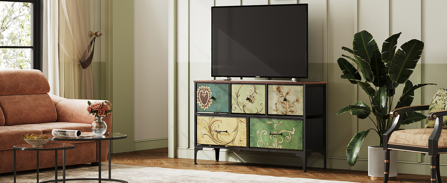 Комод WLIVE з 5 висувними ящиками з тканини, шафа для спальні, комод у вітальню, зі сталевим каркасом, богемний стиль, 29.8T x 100B x 63.7H см (5 ящиків), зелений