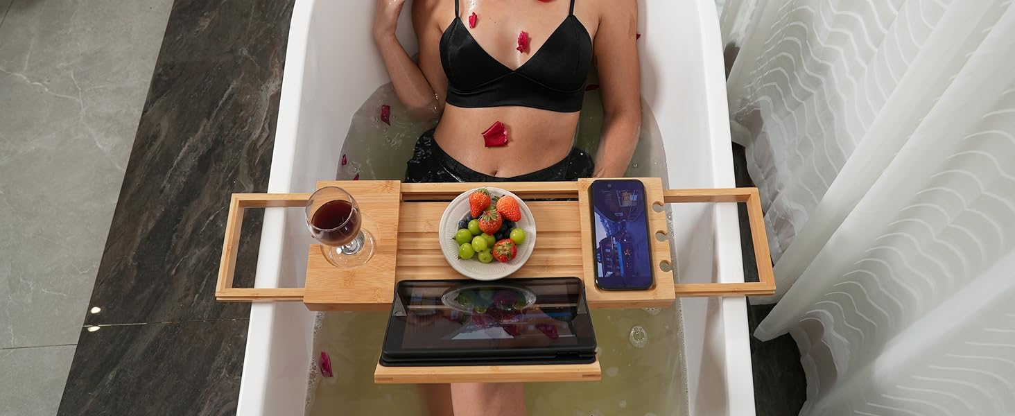 Підставка для ванни Utoplike з бамбука, регульована, органайзер для ванни з тримачем для книги, планшета, келиха, чашки, рушника (натуральний колір, 50.2 x 16 x 4.2 см)