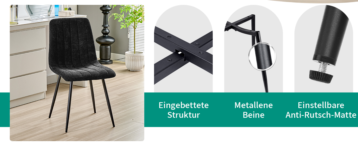 Набір стільців для їдальні, м'які стільці з льоновим покриттям та чорними металевими ніжками, смугастий дизайн, підходять для їдальні, вітальні, спальні, кухні, рецепції (2 шт., смугасті, чорні)