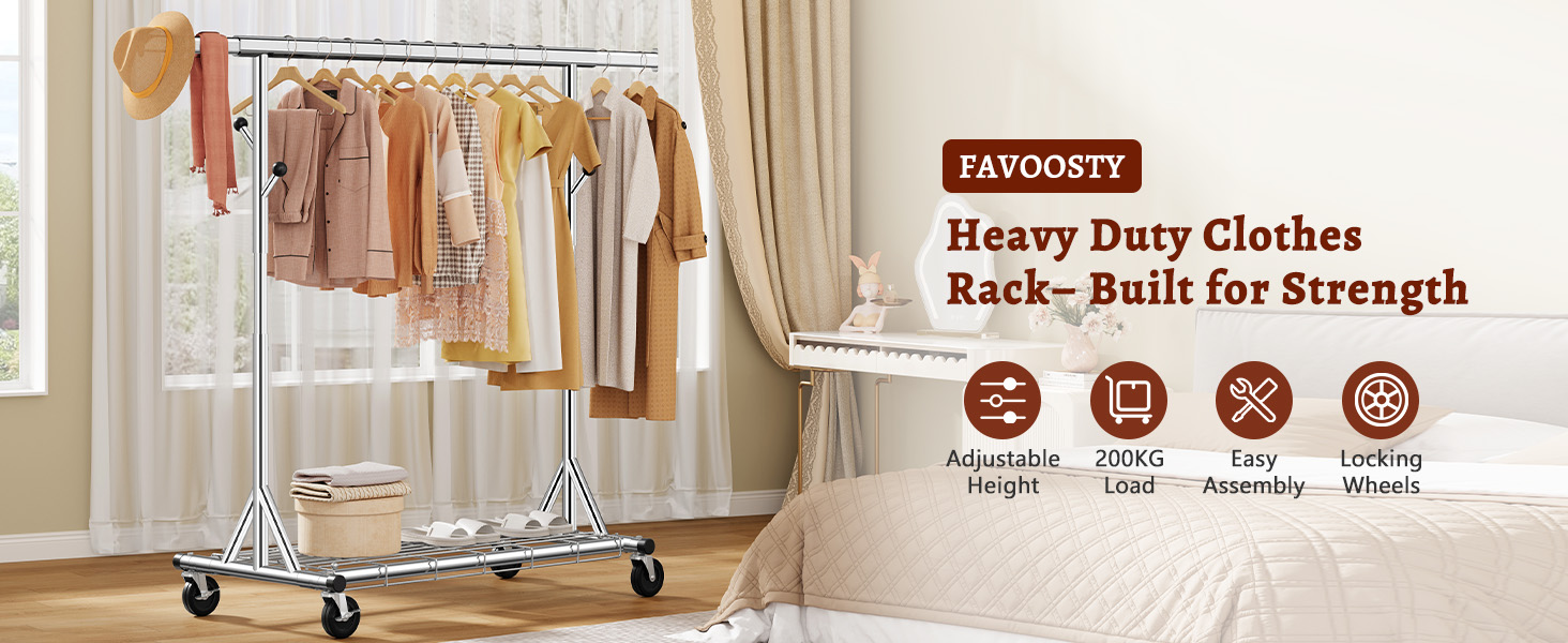Металевий вішак для одягу на коліщатках FAVOOOSTY, 200 кг, мобільний, швидка установка, 1 стійка