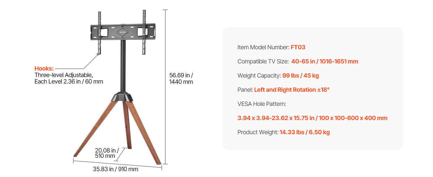Підставка для телевізора VEVOR з регулюванням на 18° для плоских та вигнутих телевізорів (1016-1651 мм), до 45 кг, дерев'яні ніжки, для спальні, вітальні, студії