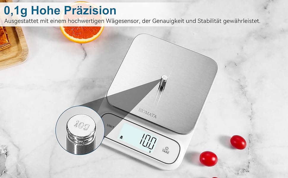 Кухонні ваги BOMATA: цифрові, вологостійкі, 5 кг, точність 0.1 г, USB-C, нержавіюча сталь