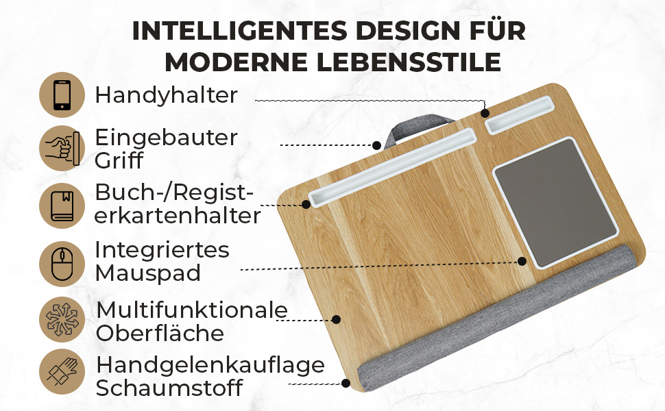 Підставка для ноутбука в ліжко та диван з подушкою, тримач для телефону та підставка для зап'ястя – підходить для ноутбуків до 17' – легка та комфортна для офісу, навчання та відпочинку (Сіра)