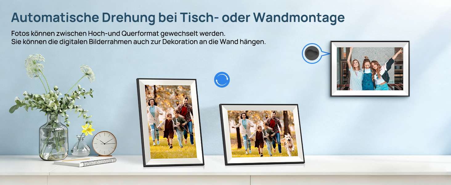 Цифрова фоторамка Frameo 10.1 дюймів WLAN, Full HD IPS сенсорний екран 1280x800, 32GB пам'ять, автоматичний поворот, можливість монтажу на стіну, керування через додаток Frameo (Чорна з білою рамкою)