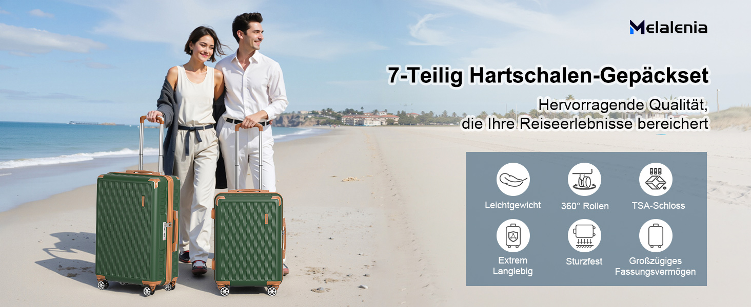 Набір дорожніх валіз Melalenia 7 предметів, легка жорстка оболонка, 4 колеса, TSA-замок, включаючи косметичку, сумку та рюкзак (Зелений)