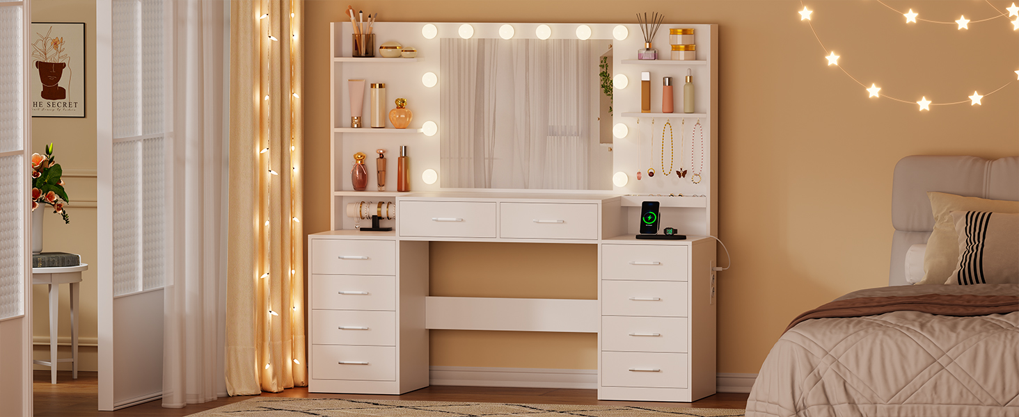 Трюмо BEWISHOME з дзеркалом, регульованою LED-підсвіткою та розетками, 10 шухлядами, 5 полицями, гачками та органайзером для прикрас, сучасний дизайн, білий колір, EFST52W