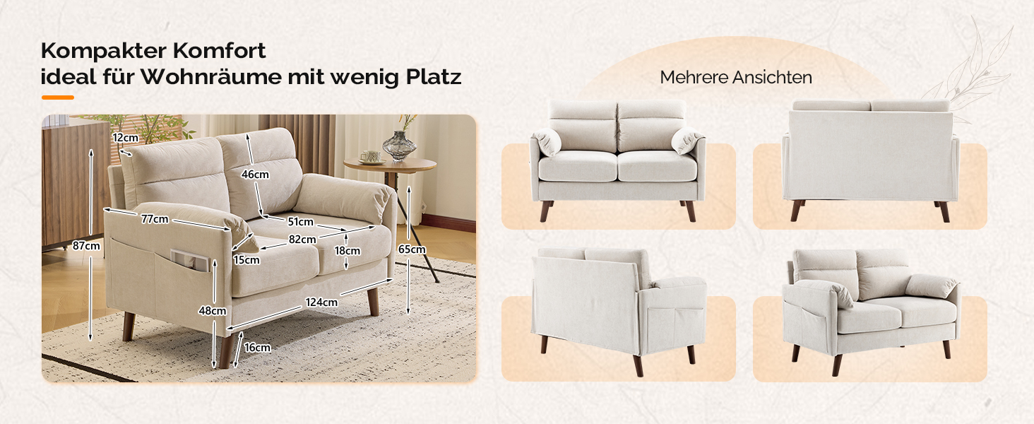 Диван Bonnlo 2-місний, компактний, 125 см, тканинний, бежевий. Зручні підлокітники, для офісу, вітальні, спальні, кабінету. Легка збірка. Льон.