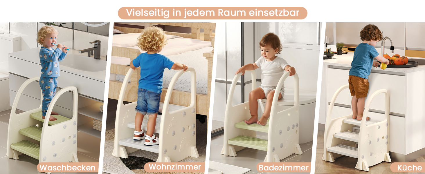 Дитячий табурет Hoopyosms Tritthocker з ручкою, сірий. Безпечний, з 2/3 сходинками для ванної, кухні та туалету