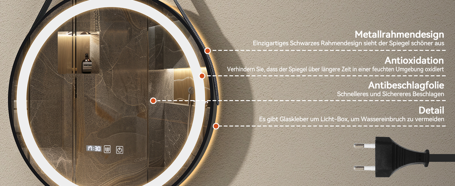 Дзеркало для ванної кімнати YOURLITE з підсвічуванням, 60 см, кругле, LED, 3 кольори, регулювання яскравості, сенсорний вимикач, антизапарник, пам'ять, IP44, чорний