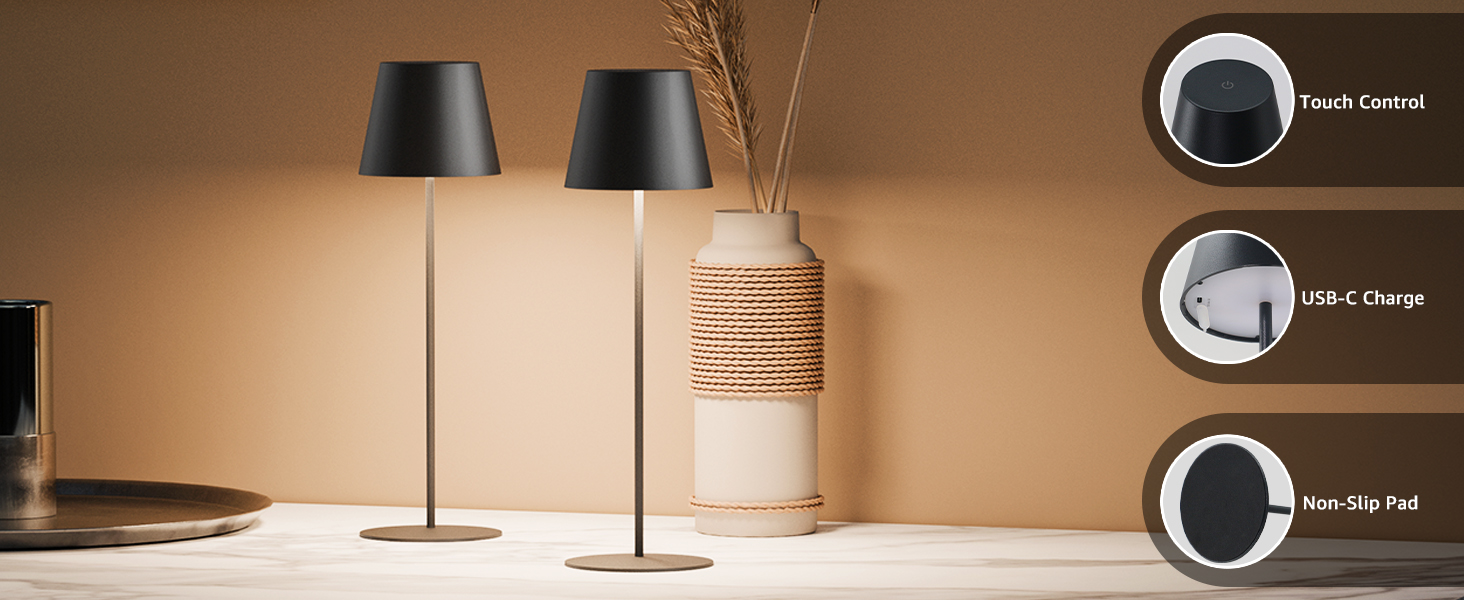 Набір з 2 LED-лампах настільних бездротових, акумуляторні USB-C, диммування, сенсорне керування, для вулиці, для ресторану, кемпінгу, бару, тераси (чорний)