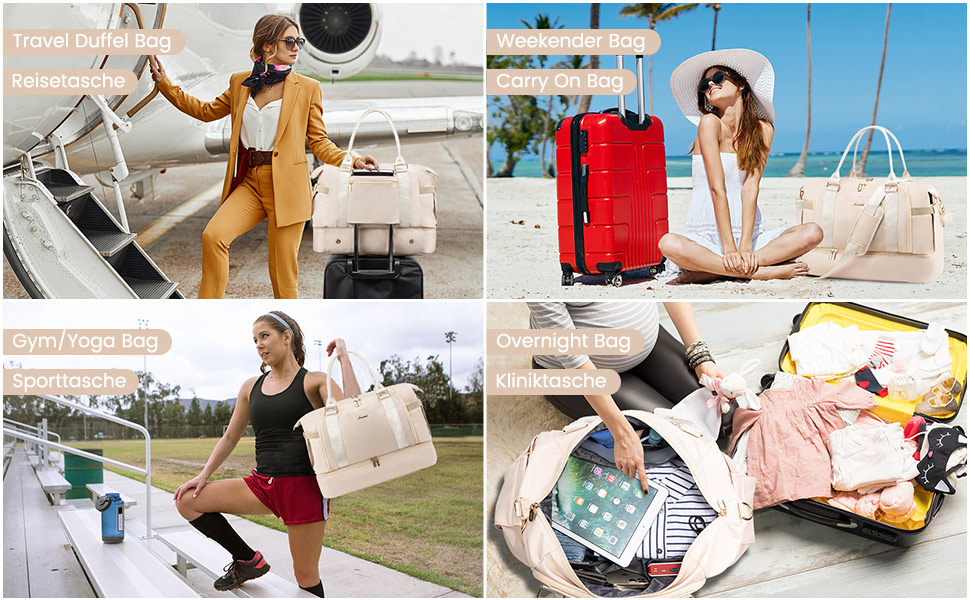 Спортивна сумка Lovevook для подорожей: жіноча дорожня сумка-шопер, сумка для вихідних з косметичкою, відділенням для взуття та мокрих речей, водонепроникна, 37л, бежева