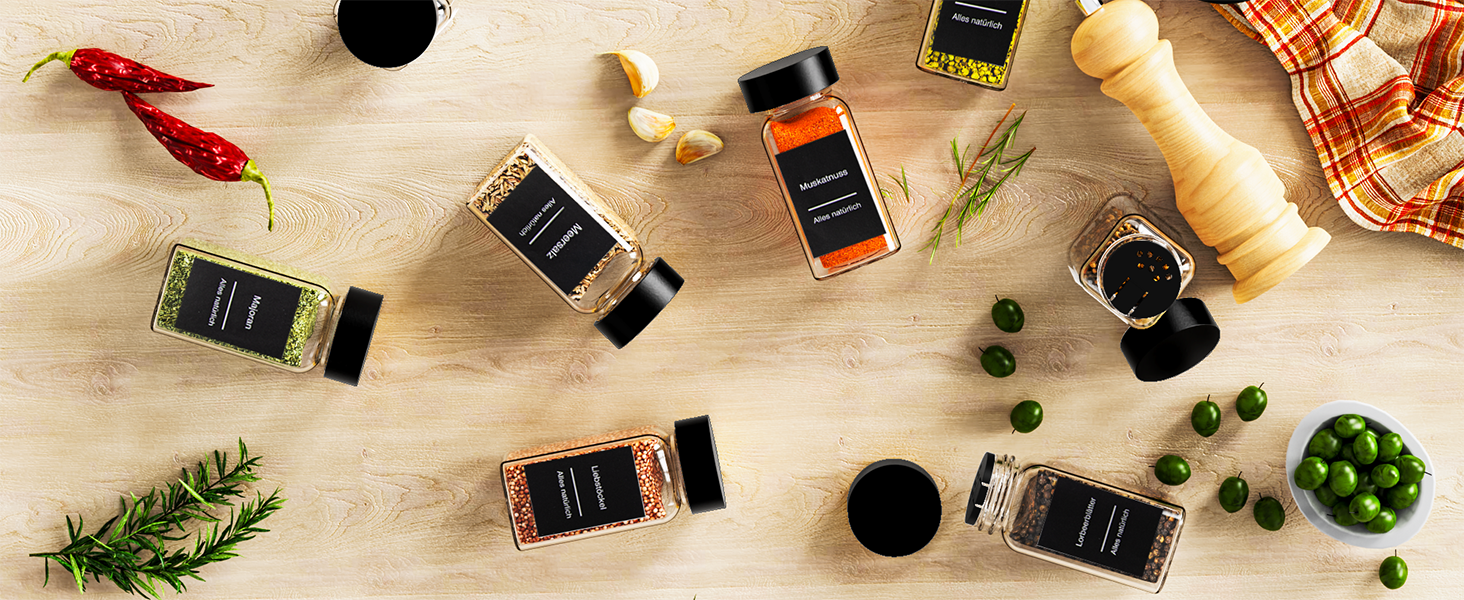 Набір баночок для спецій на 24 шт. (120 мл) – чорний, з кришками, ситечком, воронкою та 340 етикетками | Органайзер для спецій