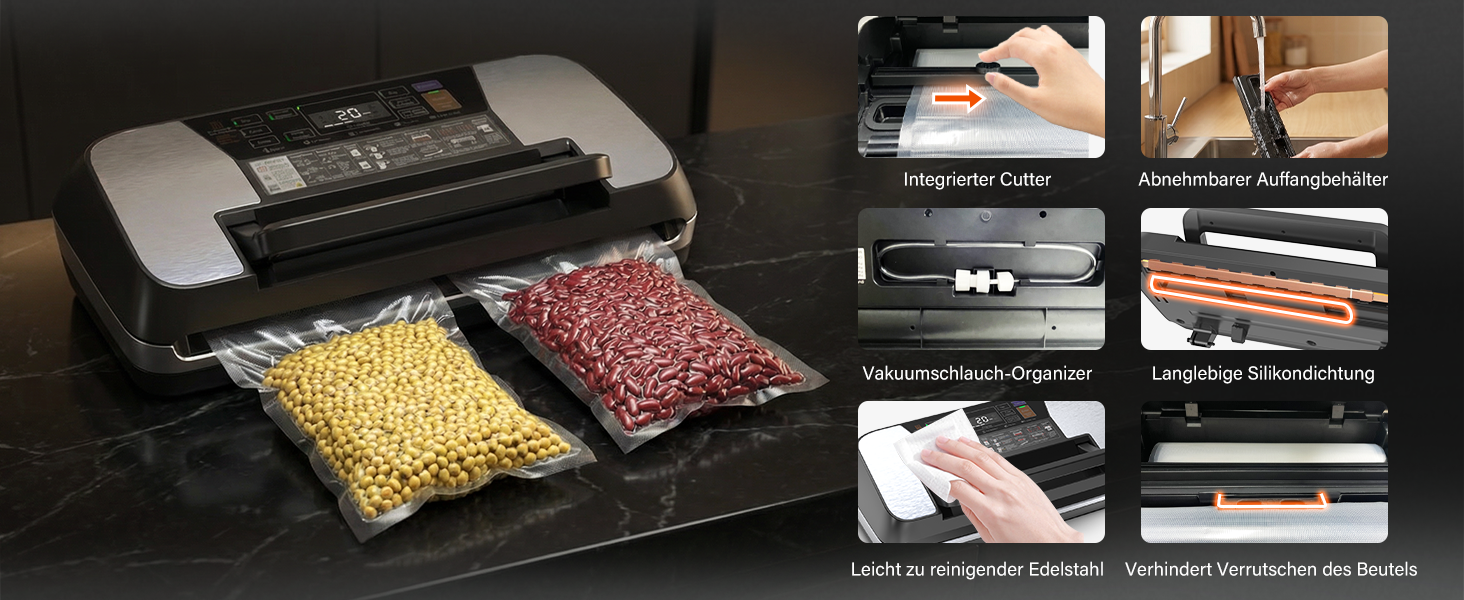 Вакууматор для продуктів 12-в-1 (95 kPa) з подвійним швом, системою Easy-Lock та вбудованим різаком, сріблястий