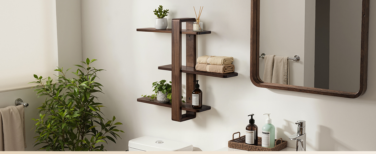 Полиця настінна SUMGAR з дерева, плаваючі полиці, 3-ярусна, декоративна, для вітальні, спальні, колір горіх, 50x58 см