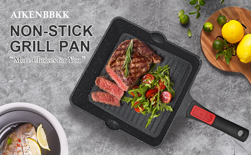 Сковорода-гриль AIKENBBKK 24x24 см з знімним ручками, антипригарне покриття, для стейків, сумісна з духовкою, миюча в посудомийній машині (білий)
