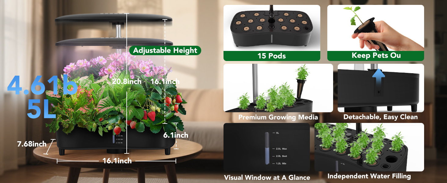 Система гідропоніки Sonidko для вирощування розсади з LED-лампою 48W, авто-таймером та регулюванням висоти, 5L резервуар