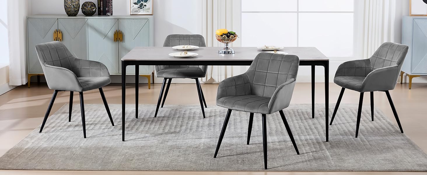 Стільці для обідньої кімнати WOLTU - 8 шт. Сучасні крісла з підлокітниками, з м'якою оббивкою з льону, металевий каркас (Темно-сірий)