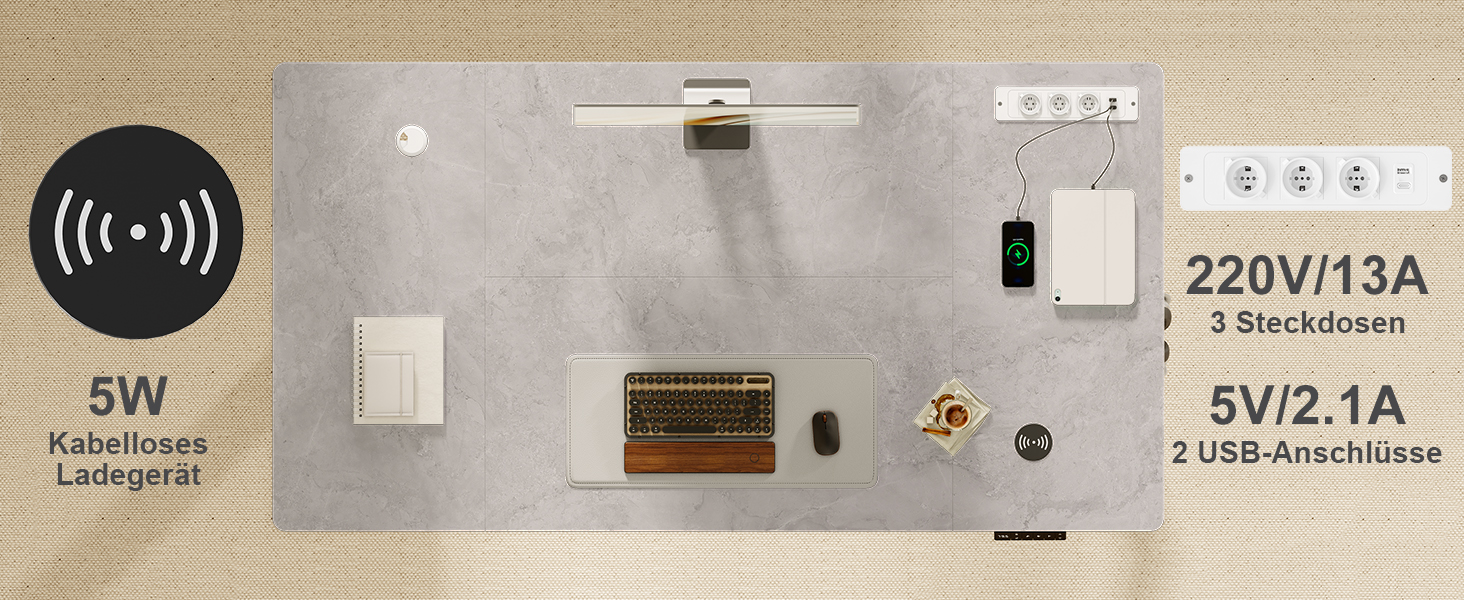 DEVOKO Стол для роботи з регулюванням висоти 140 x 70 см з розеткою, бездротовою зарядкою та USB – Електричний стіл для комп'ютера з функцією пам'яті та кабельною організацією – Ідеально для геймінгу та офісу, сірий 140 x 70 см