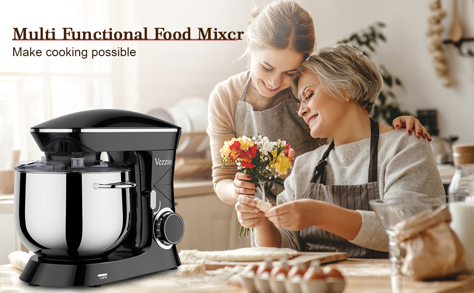 Кухонна машина Vezzio 1500W з чашею 8.5л з нержавіючої сталі, 10 швидкостей, для замішування та збивання тіста (чорна)