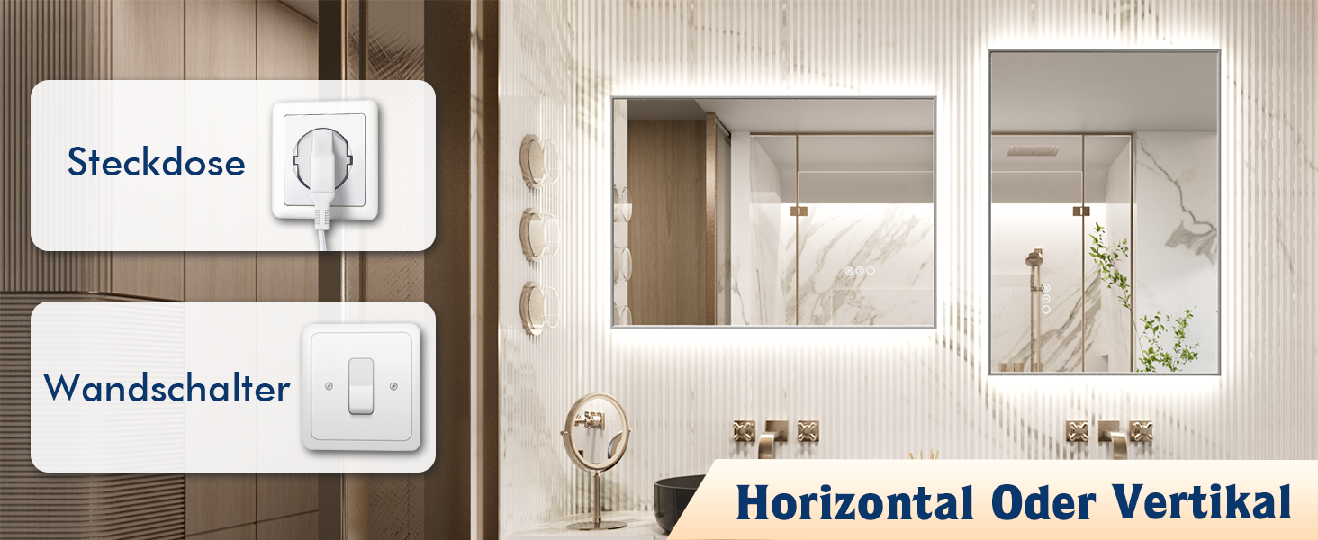 LED дзеркало для ванної кімнати 60x80 см з підсвічуванням, сенсорне, регулювання яскравості, 3 кольори світла, проти запотівання, водонепроникне IP44, горизонтальне/вертикальне